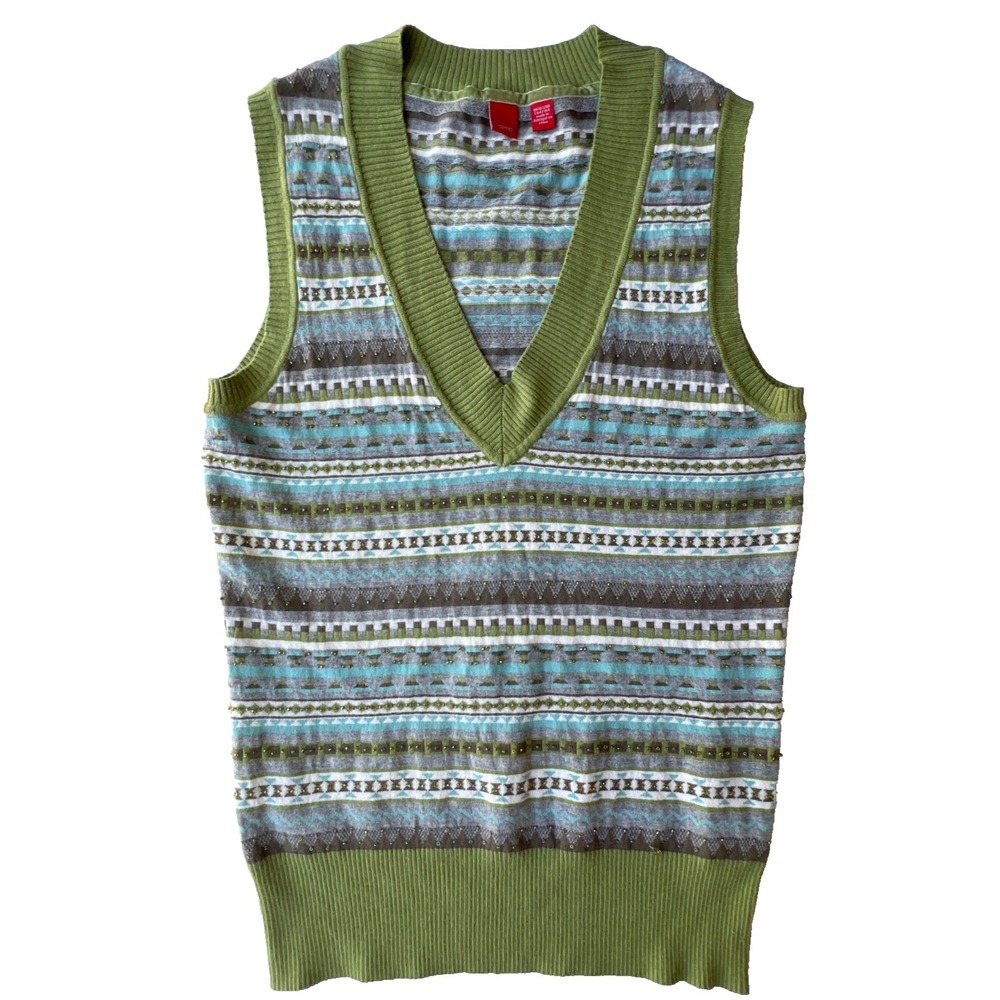 Esprit Vest Beaded Sweater Striped V-Neck Green Blue Brown Gray Y2K Women XL